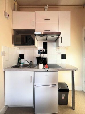 Frigorífico, microondas, horno y placa de cocina