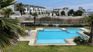 A swimming pool surrounded by a well-maintained lawn and palm trees, with a modern building in the background.