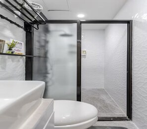 Shower, hair dryer, bidet, towels