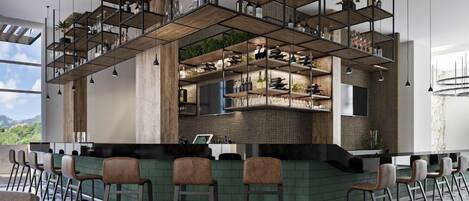 A modern bar area with a high ceiling, exposed wooden beams, and a variety of bottles and glasses on shelves. There are bar stools and a counter with a green tiled backsplash.