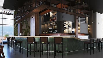 A modern bar area with a high ceiling, multiple shelves of bottles, and a view of the city through large windows.