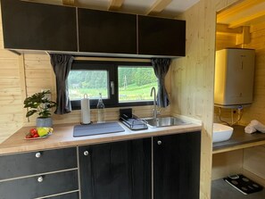 Fridge, stovetop, electric kettle, toaster