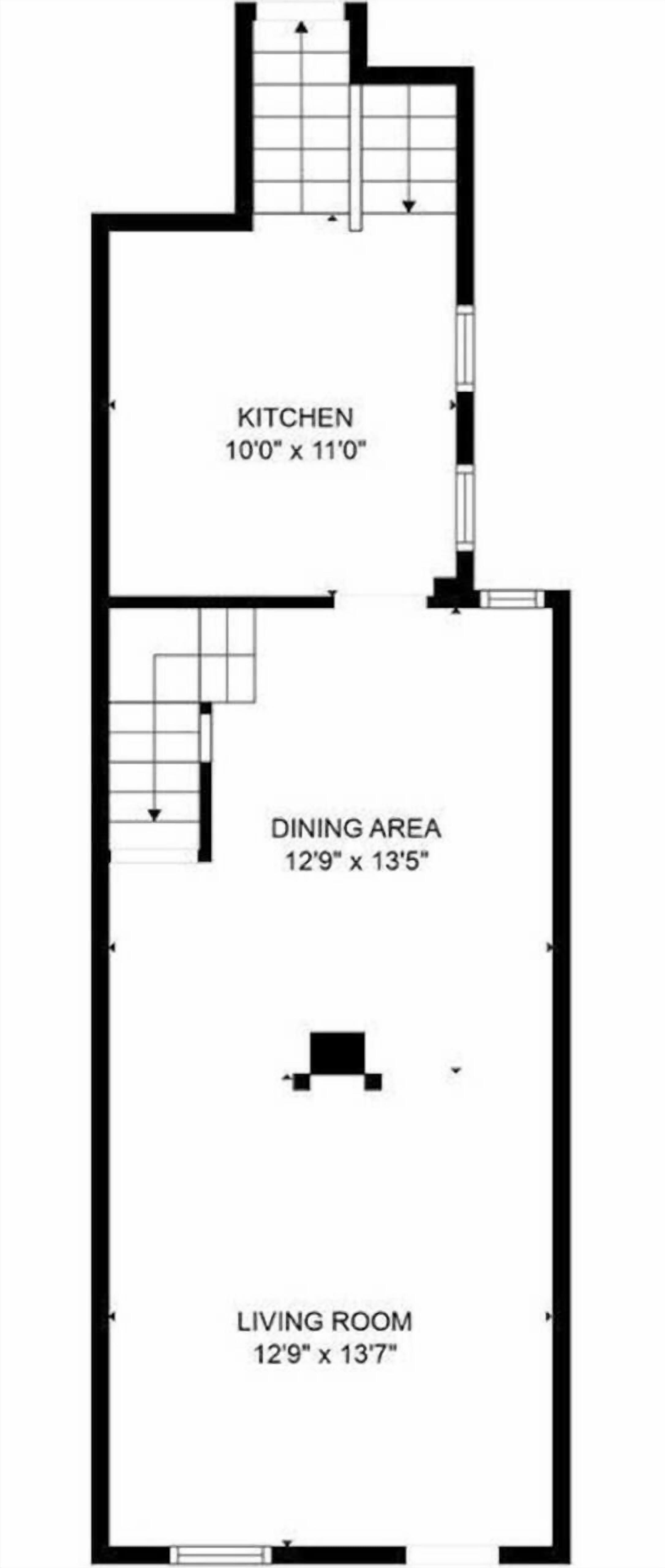 A floor plan with a kitchen measuring 10' x 11', a dining area of 12'9" x 13'5", and a living room of 12'9" x 13'7".
