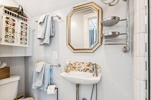 Chuveiro, secador de cabelo, shampoo 