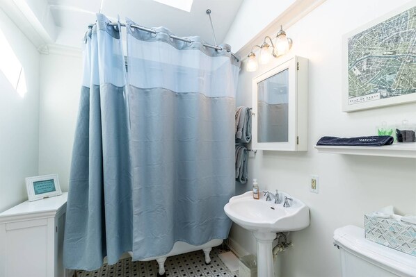 Un baño con cortina de ducha, lavamanos, espejo y un mapa en la pared.