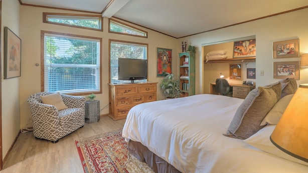 Une chambre à coucher avec un grand lit, une télévision, un bureau et une chaise.