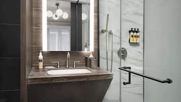 Shower, rainfall showerhead, eco-friendly toiletries, hair dryer