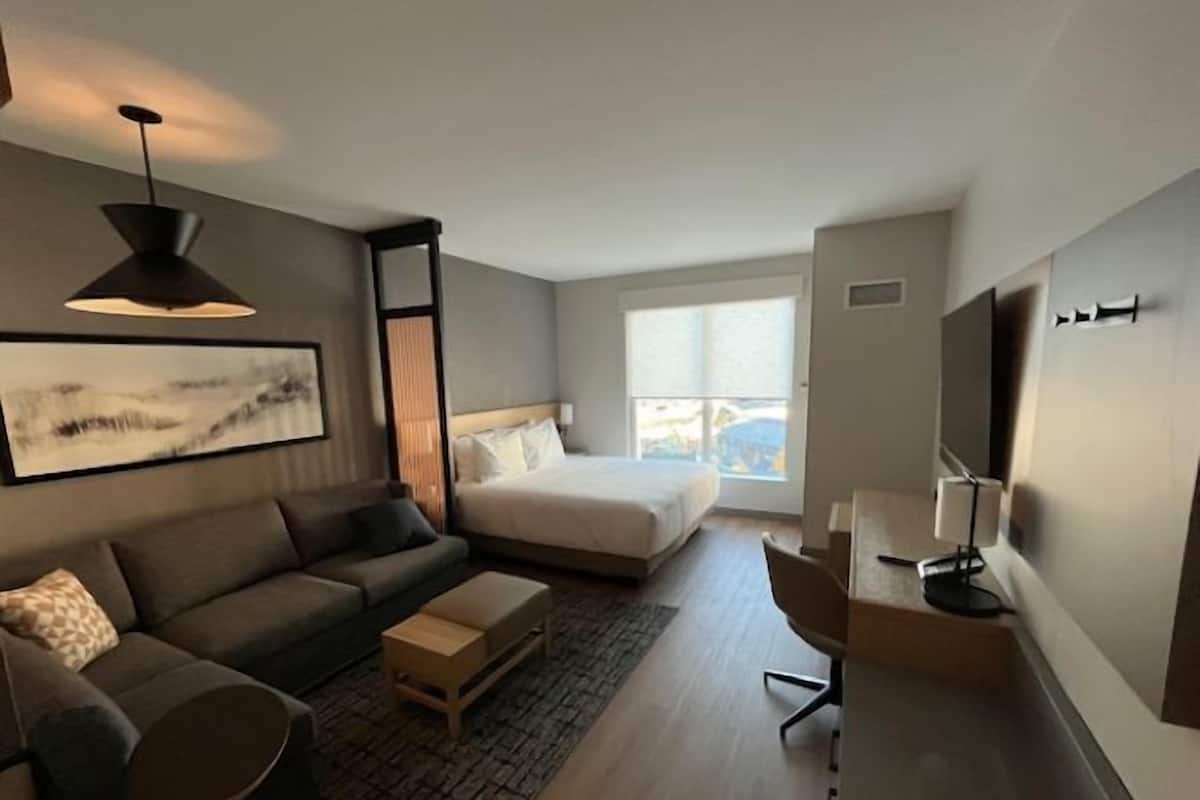 In-room safe, desk, laptop workspace, blackout curtains