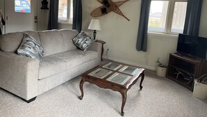 Un salon comprenant un canapé, une table basse avec un plateau en verre, un téléviseur et une décoration murale représentant une étoile de mer.