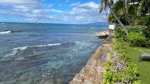 A coastal view with a clear sky, a stone pathway, and palm trees. - @ Marbella Lane -coastal Retreat Near Diamond Head (Honolulu)