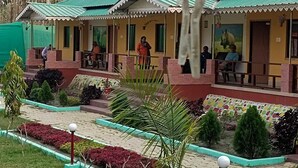A building with a green roof and a porch area with seating. There are plants and a pathway leading to the building. - SUMARU JUNGLE RESORT (Alipurduar)