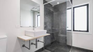 Shower, hair dryer, towels