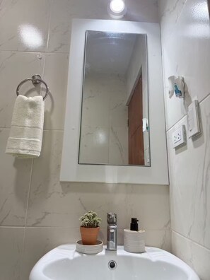 Hair dryer, towels, soap, toilet paper