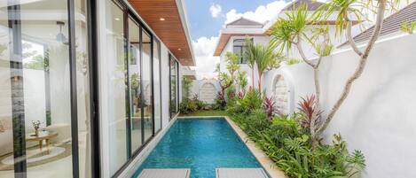 A modern house with a swimming pool, glass doors, and a garden with tropical plants.