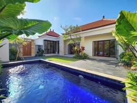 A modern house with a swimming pool, large windows, and a well-maintained garden.