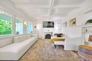 Smart TV, fireplace, books, computer monitors