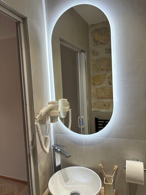 Shower, hair dryer, towels, toilet paper