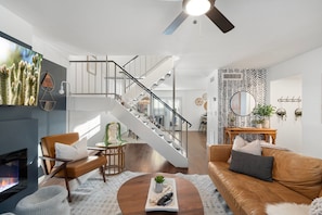 TV, fireplace - Modern-Boho Townhouse with Private Hot Tub, Firepit & Grill - 5 Min to Old Town! (Scottsdale)