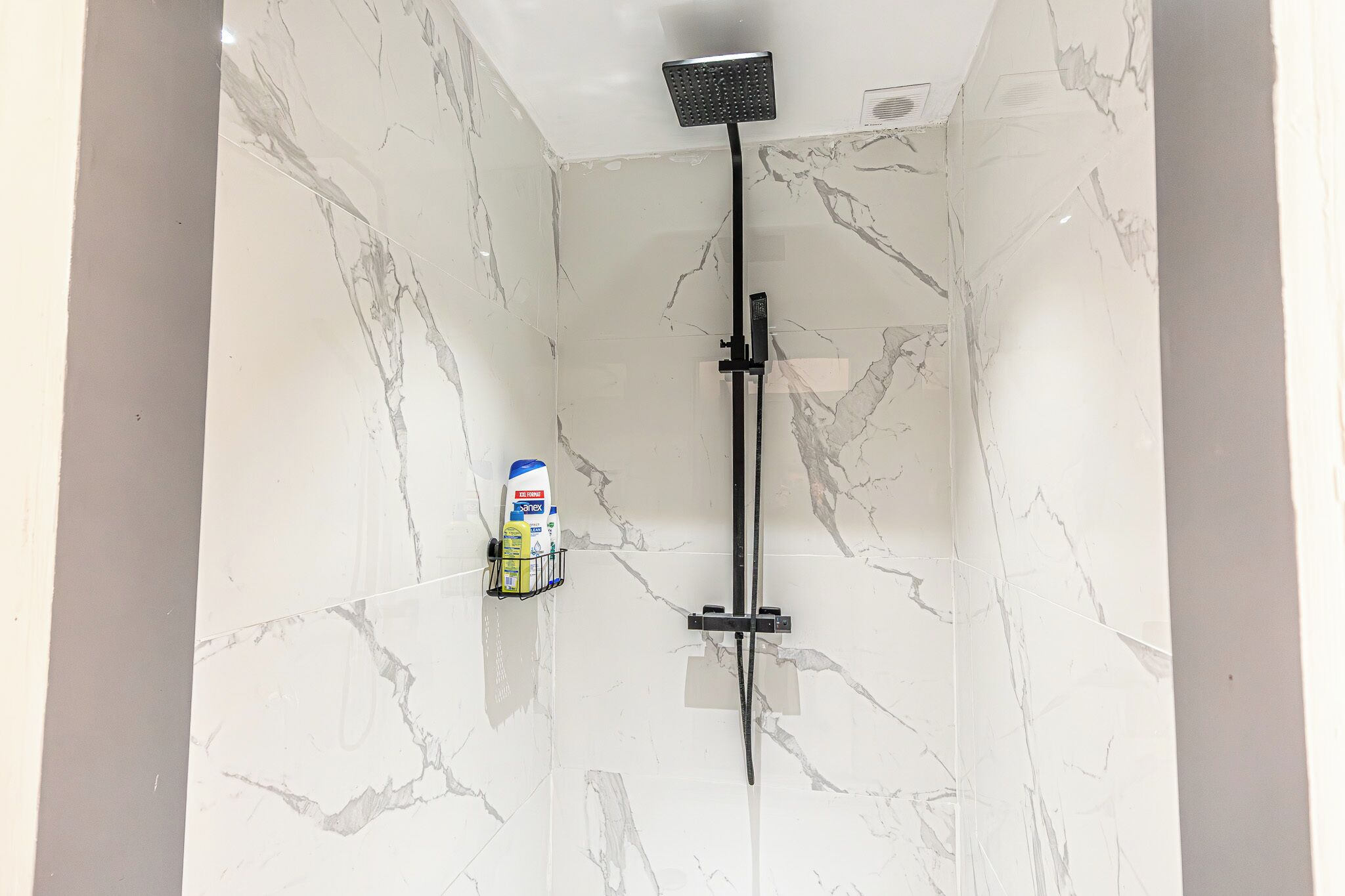 A bathroom with a shower, a soap dispenser, and marble walls.