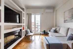 Apartment, 2 Bedrooms, Kitchen, City View | Living room | 43-inch Smart TV with digital channels, streaming services - Attica - Captivating 2-Bedroom Apt & Balcony in Athens (Athens)