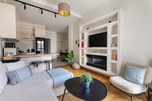 Apartment, 2 Bedrooms, Kitchen, City View | Living room | 43-inch Smart TV with digital channels, streaming services - Attica - Captivating 2-Bedroom Apt & Balcony in Athens (Athens)