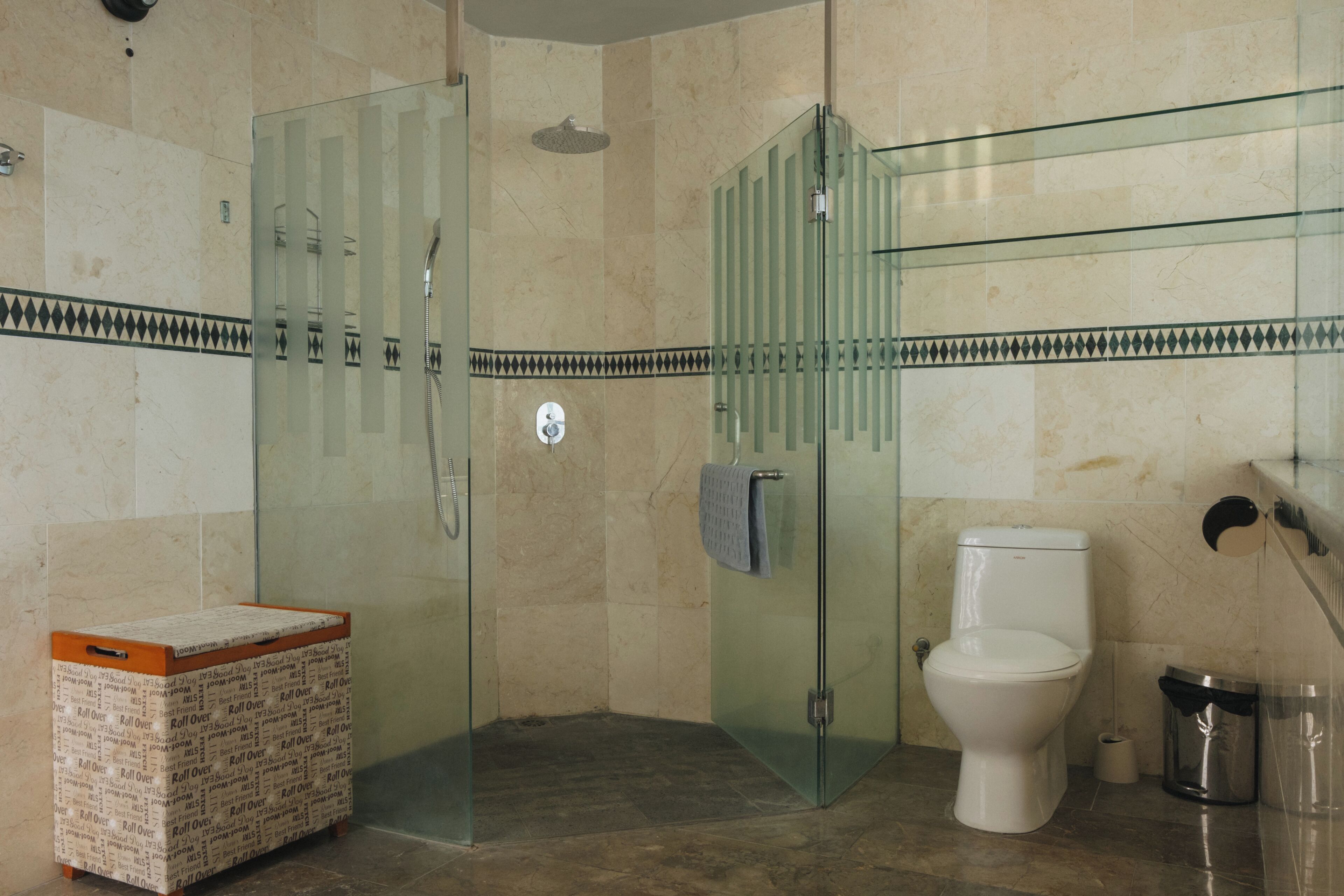 A modern bathroom with a glass shower enclosure, a toilet, and a trash can.