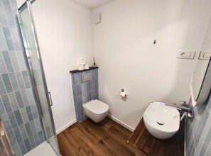 Chuveiro, secador de cabelo, toalhas de banho, papel higiênico