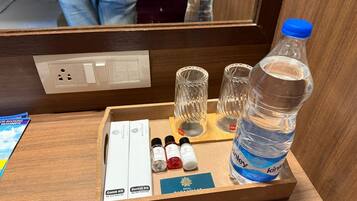 Hair dryer, towels, soap, toilet paper