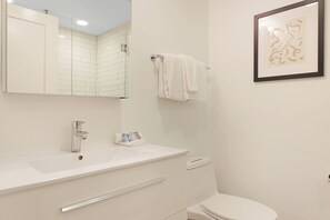 Douche, séchoir à cheveux, serviettes fournies