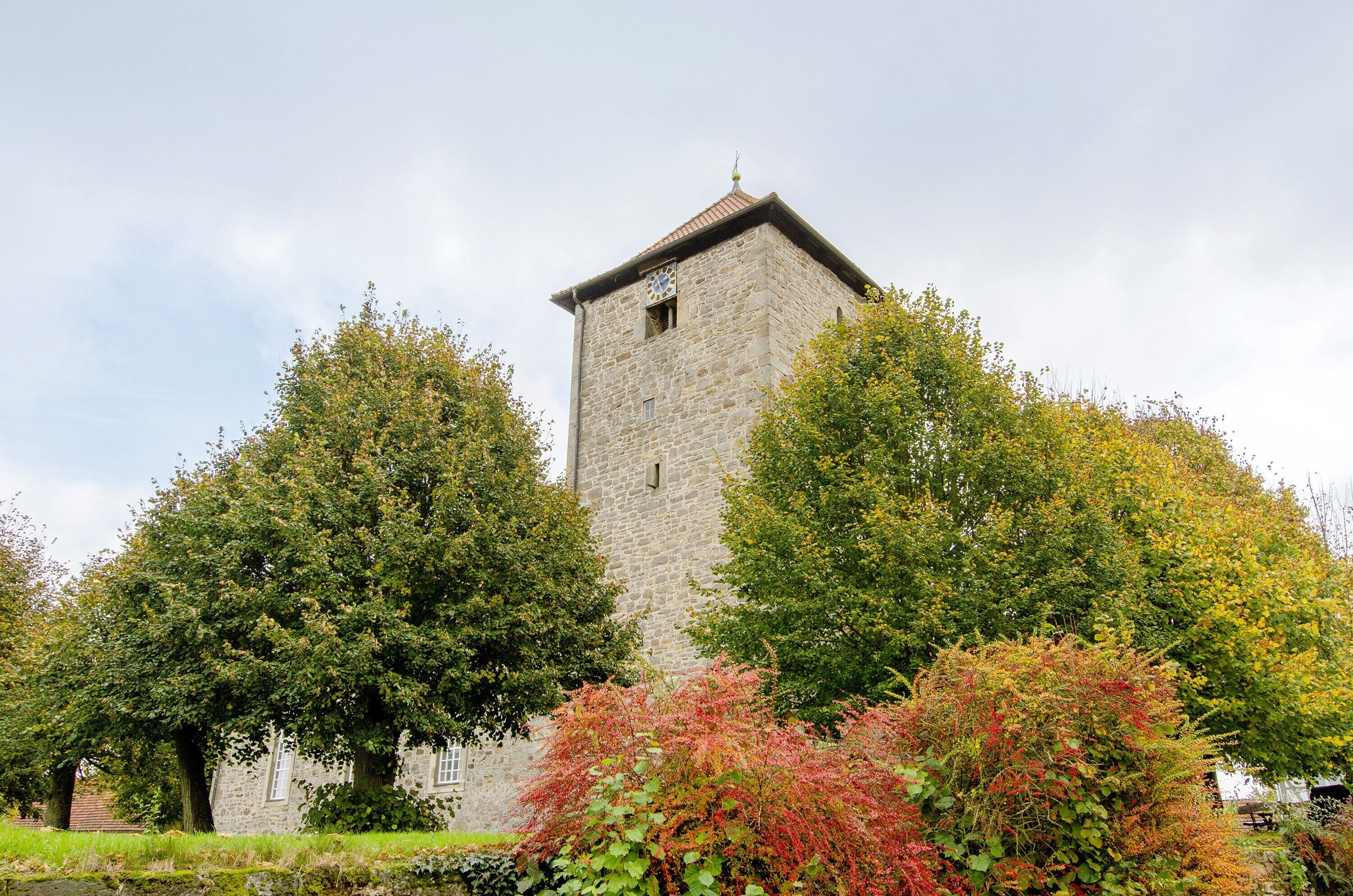 A stone tower with a clock, surrounded by trees and shrubs.