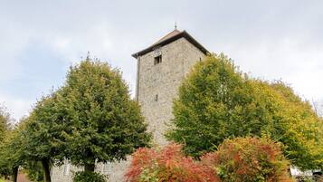 A stone tower with a clock, surrounded by trees and shrubs.