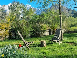 A grassy outdoor area with two wooden chairs, a wooden stump, and a fence.