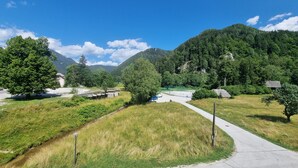 A paved pathway leading through a grassy area with trees and a mountain in the background. - Vila Zora | Studio apartment | Jezersko (Zgornje Jezersko)