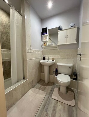 Shower, hair dryer, towels