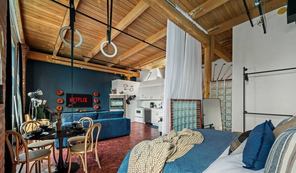 1 bedroom, desk, iron/ironing board, travel crib