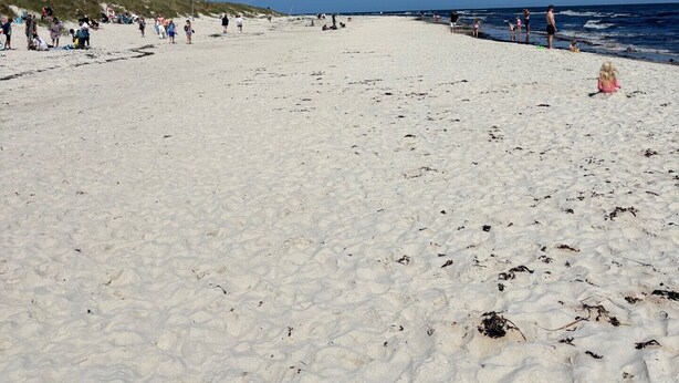 A wide sandy beach with people walking and sitting, and a clear blue sky.