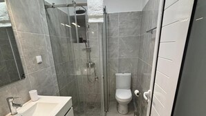 A modern bathroom with a glass-enclosed shower, a white sink, and a toilet.