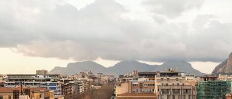A cityscape with buildings, a street, and mountains in the background.