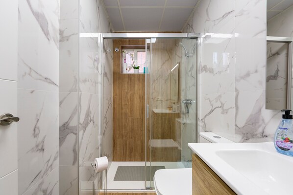 Shower, hair dryer, towels