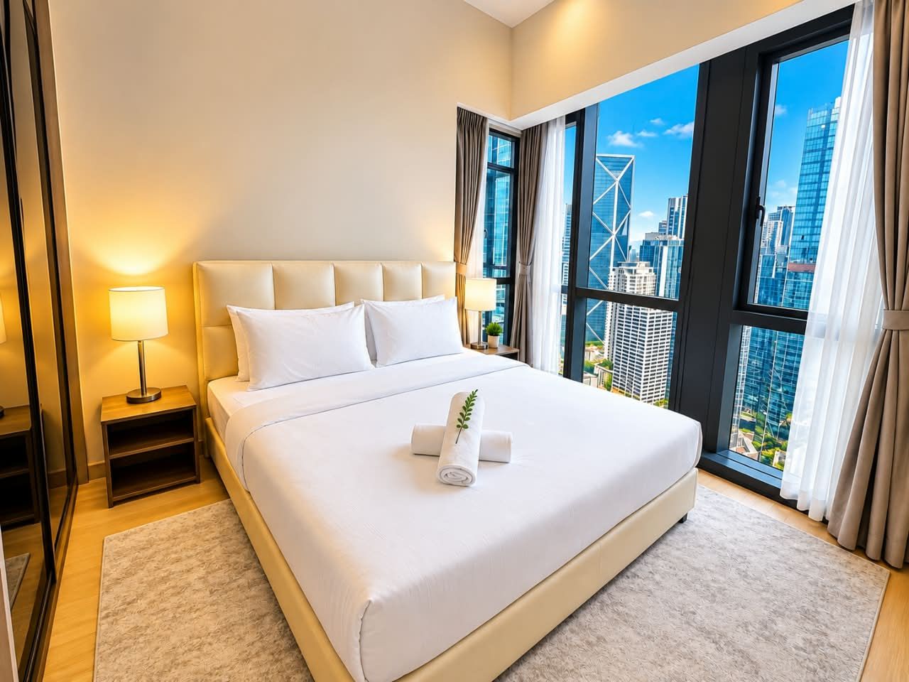 Ein Hotelzimmer mit einem großen Bett, einem Nachttisch, einer Lampe und Blick auf die Stadt durch große Fenster.