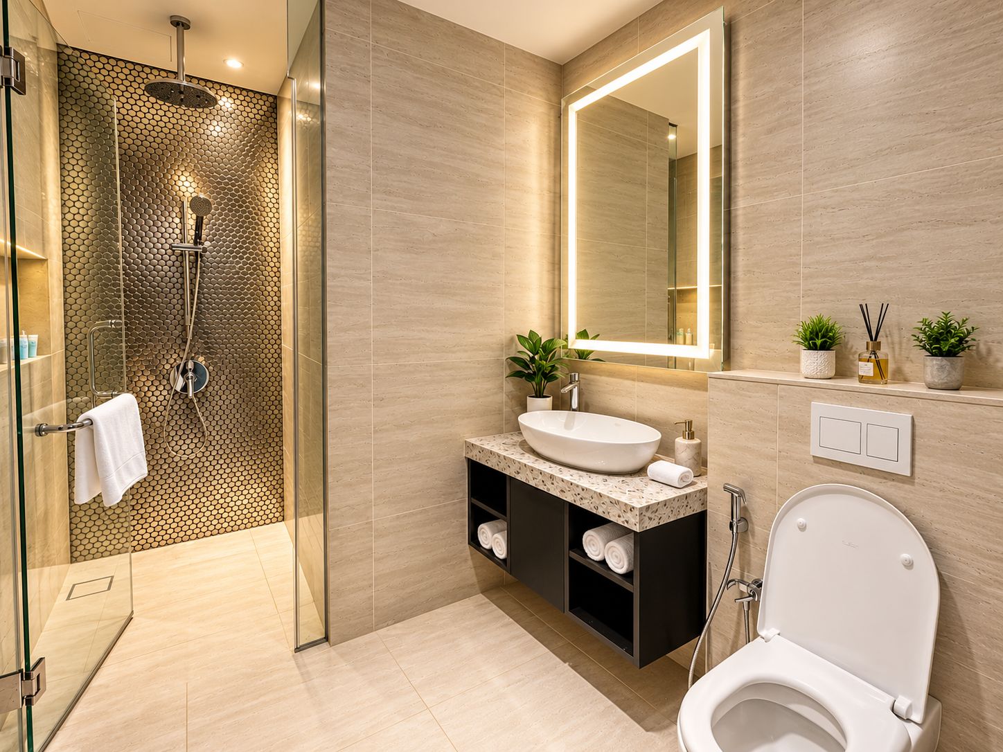 A modern bathroom with a glass-enclosed shower, a freestanding sink, and a toilet.
