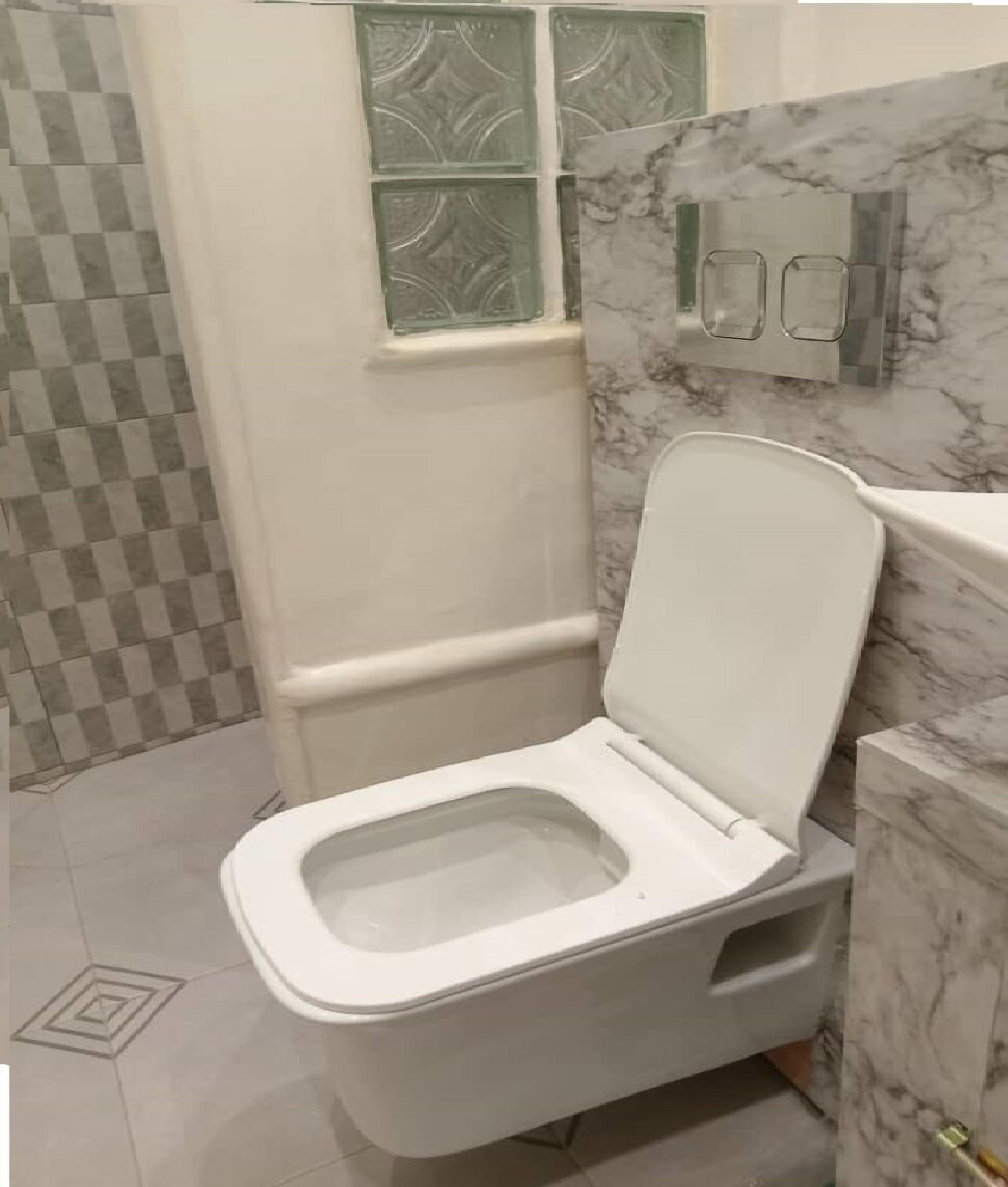 Une salle de bain avec des toilettes, un lavabo en marbre et un motif à carreaux sur le mur.