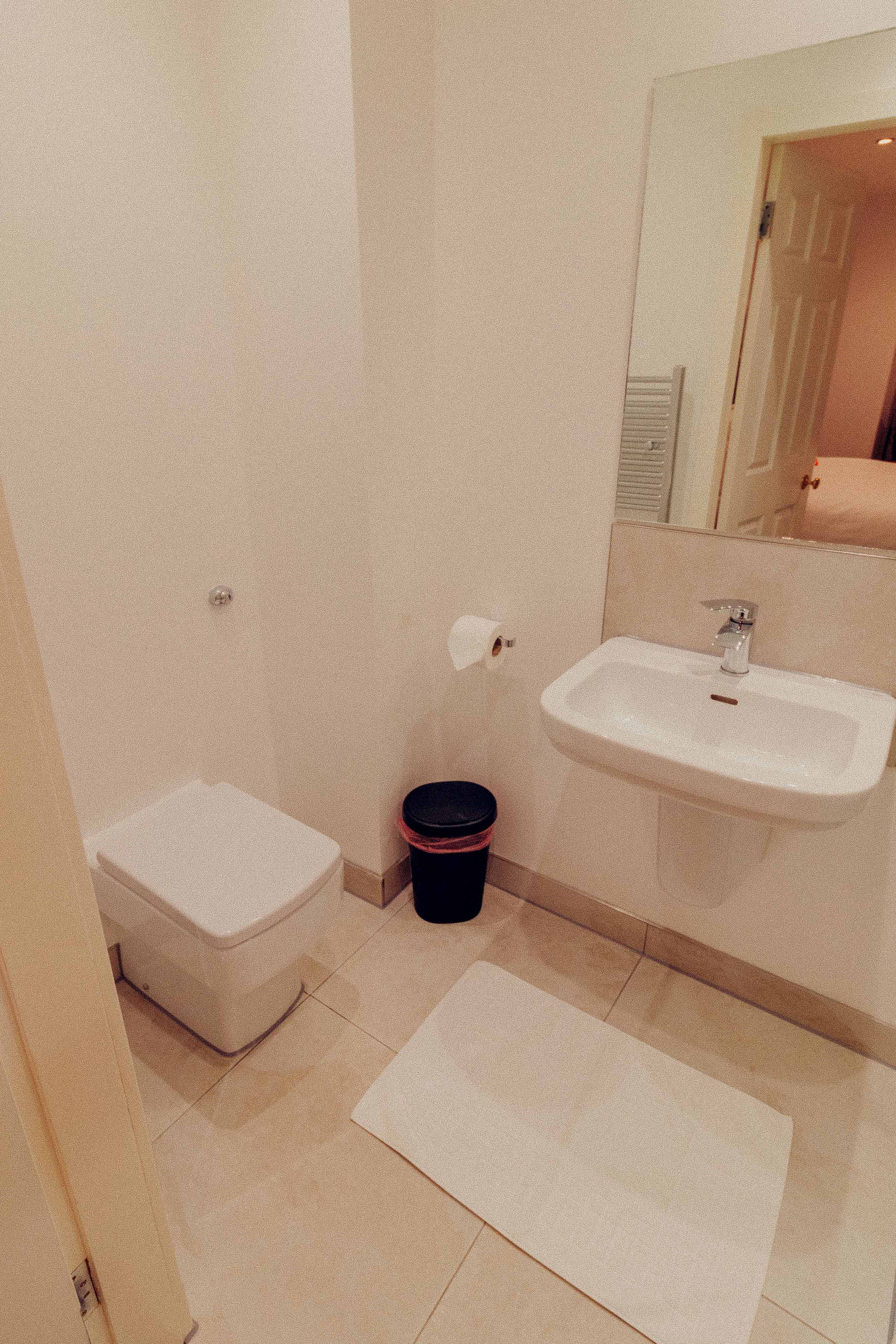 A small bathroom with a toilet, bidet, sink, and a mirror.