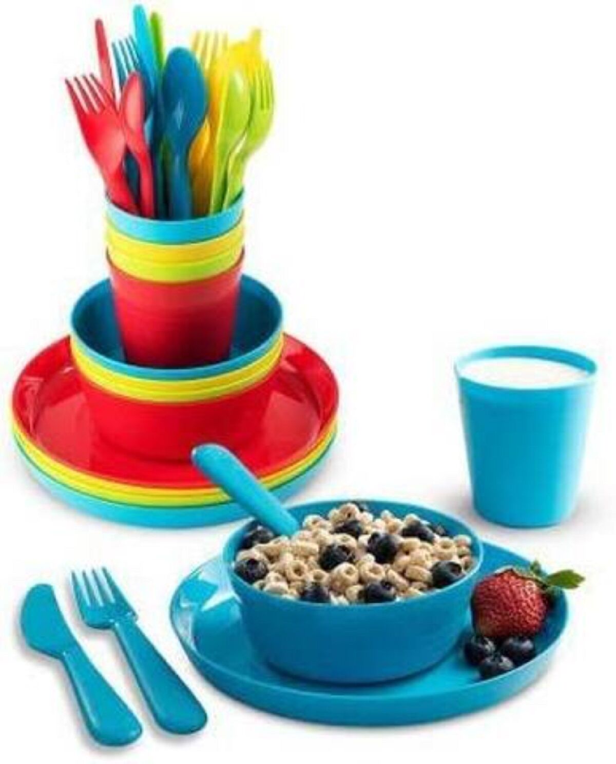 A set of colorful plastic tableware including a bowl of cereal with berries, a blue cup, and matching utensils.