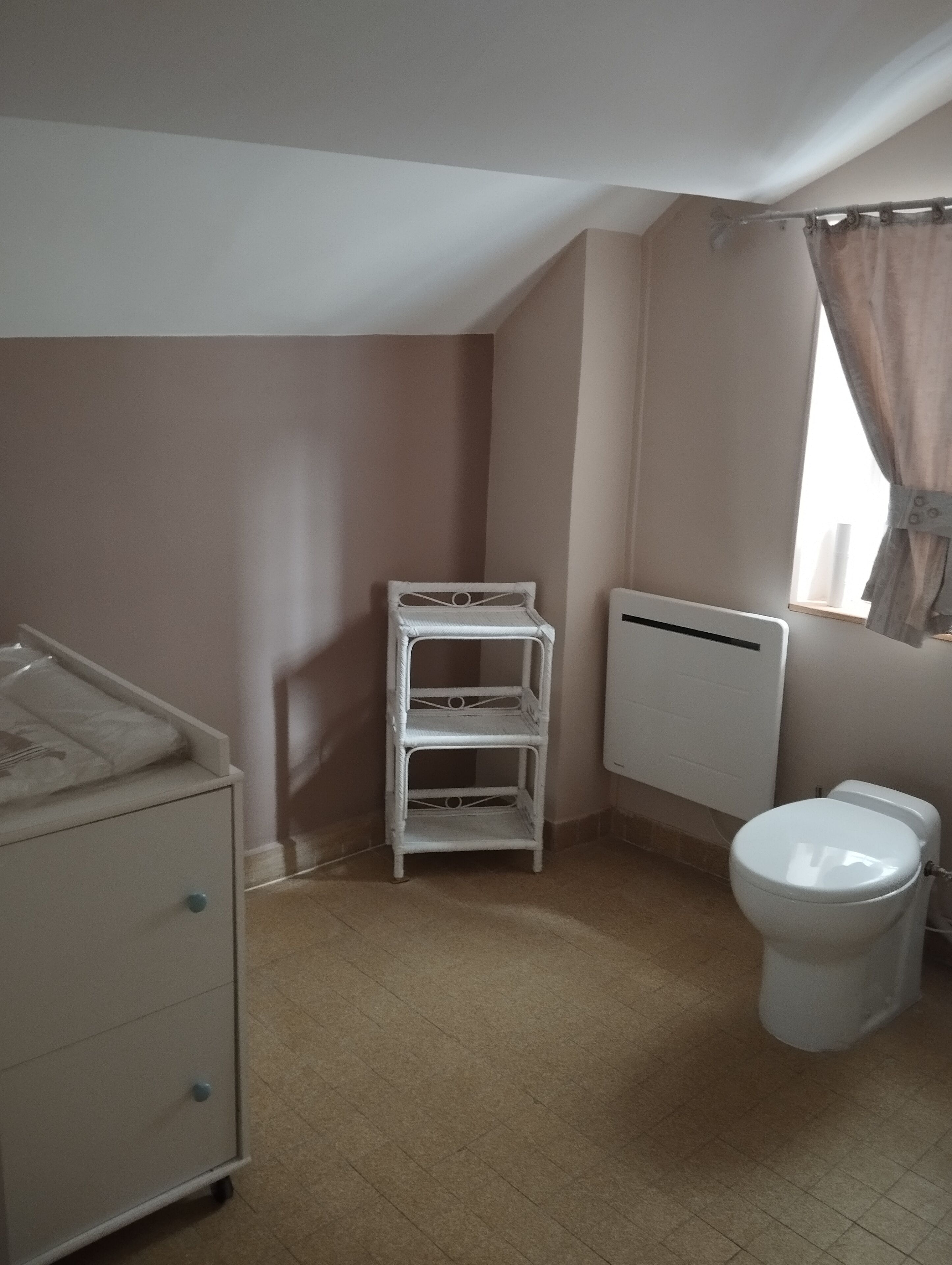 Une petite salle de bain compacte avec un radiateur blanc, des toilettes et une étagère blanche.