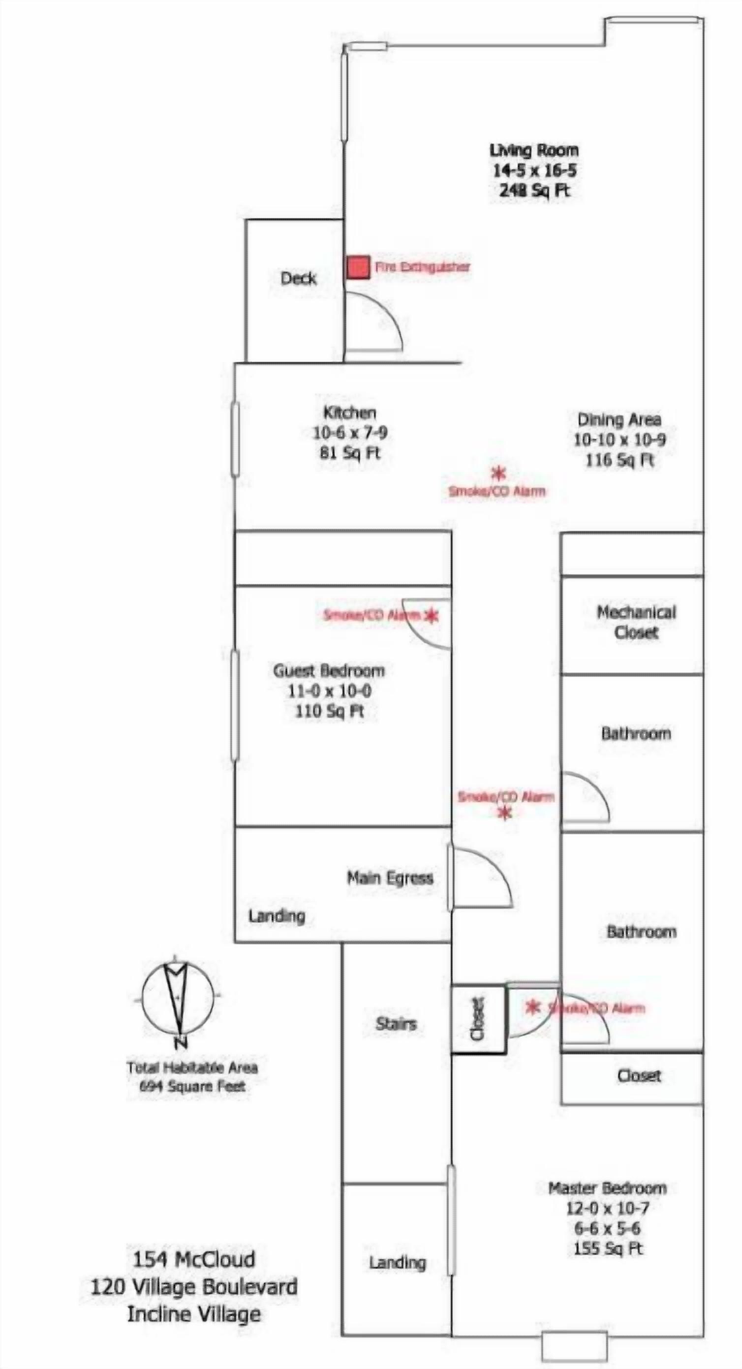 A floor plan of a house with a living room, kitchen, dining area, guest bedroom, master bedroom, and a landing area.