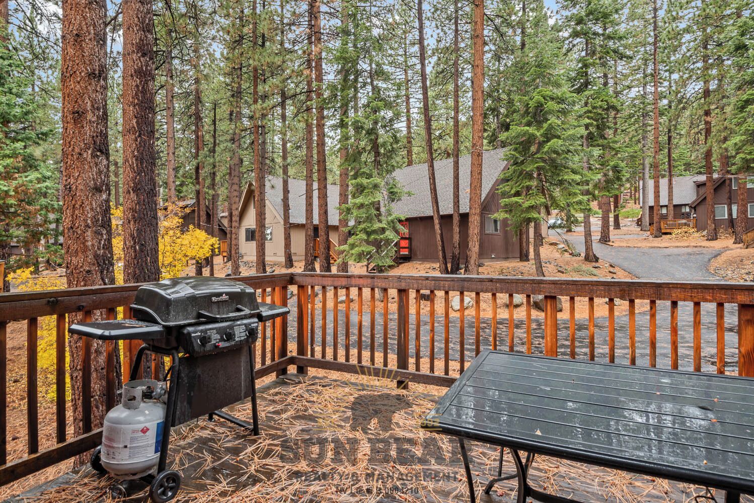 Une terrasse avec un barbecue et une table, entourée de grands arbres et de chalets.