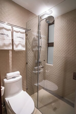 Shower, hair dryer, towels, soap