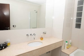 Hair dryer, towels, soap, toilet paper