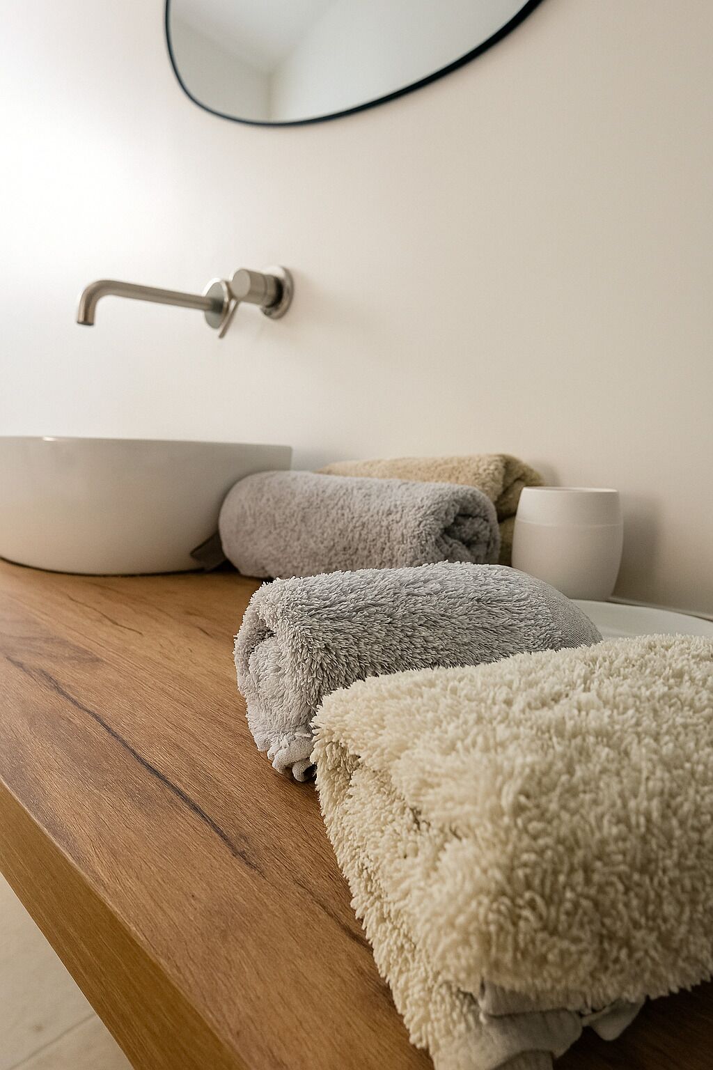 Une salle de bain avec un meuble-lavabo en bois, un grand lavabo blanc, un miroir rond et deux serviettes.